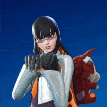 a woman wearing glasses and a white jacket is holding a stuffed animal on her back