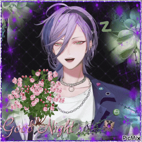 a picture of a boy with purple hair holding a bouquet of pink roses with the words good night written on it