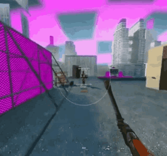 a person is holding a gun in a video game with a pink background