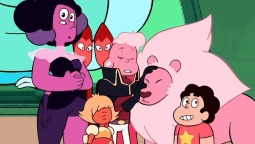 a group of cartoon characters including steven and a pink lion