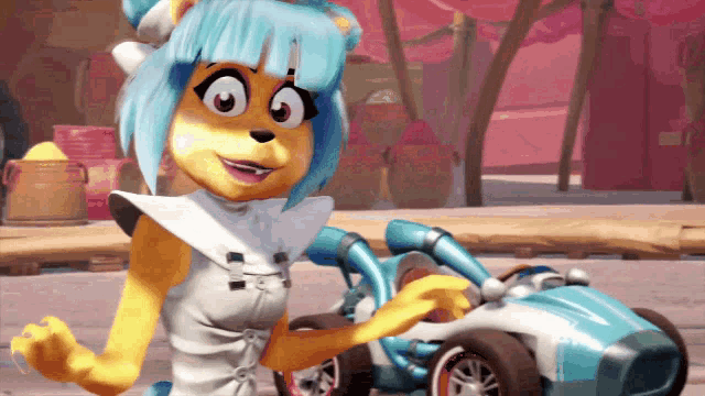 a cartoon character with blue hair is standing next to a vehicle