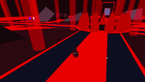 a screenshot of a video game shows a person walking on a red and black path