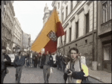a group of people are walking down a street holding a flag that says ' sd ' on it