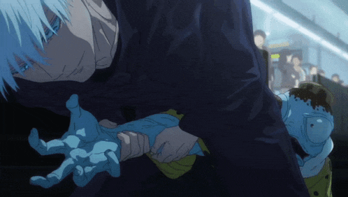 a man with white hair is holding a child 's hand