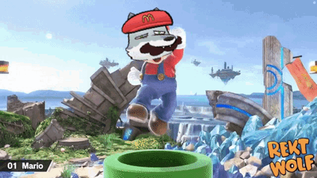 a video game with mario and a wolf on the screen