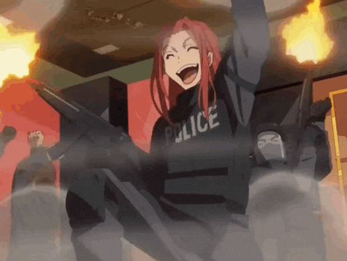 a girl with red hair is wearing a police uniform