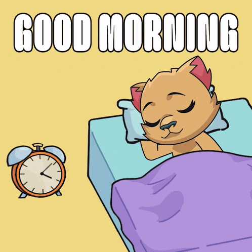 a cartoon cat is sleeping in a bed with an alarm clock and the words good morning above it