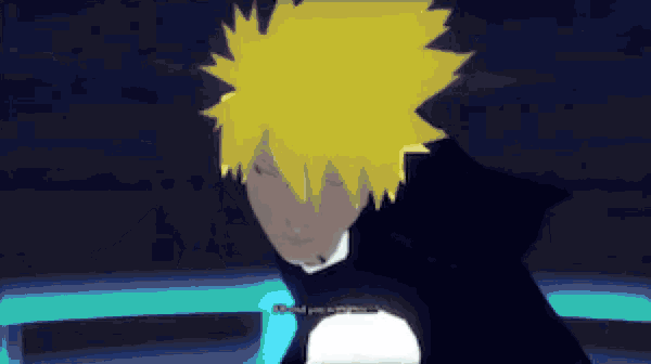 a cartoon character with yellow hair is standing in a dark room with a blue light behind him