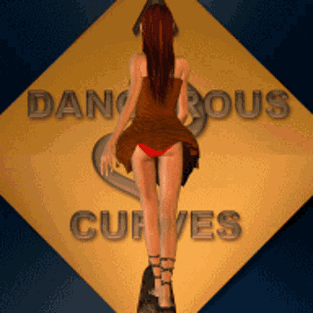 a woman in a red bikini stands in front of a sign that says dangerous curves