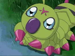 a green and pink cartoon character with a purple nose