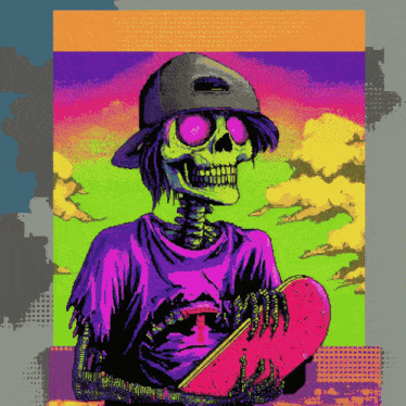 a skeleton is holding a skateboard and wearing a baseball cap