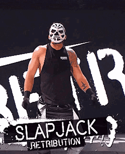 a man wearing a mask is standing in front of a sign that says slap jack retribution
