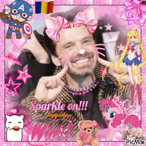 a picture of a man with pink bows on his face and the words sparkle on !!! nickelodeon