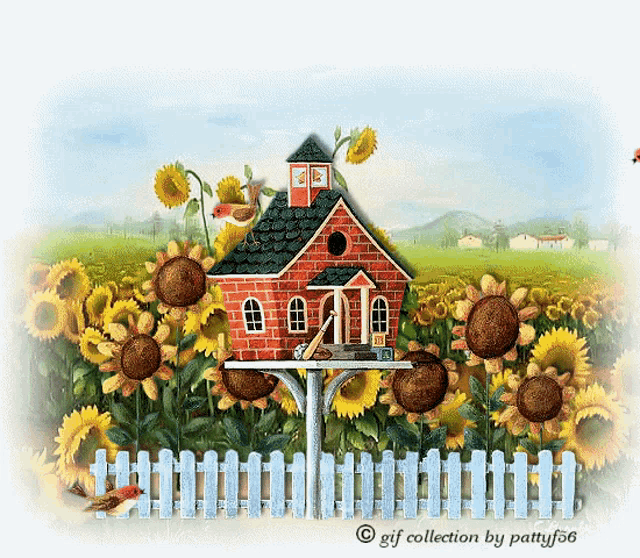 a gif collection by pattyf56 shows a birdhouse in a sunflower field