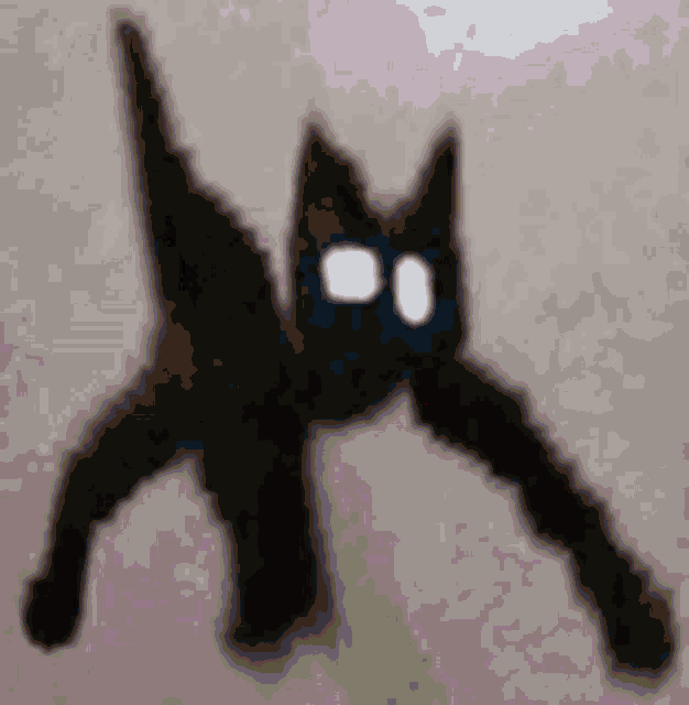 a black cat with white eyes is standing on the floor .