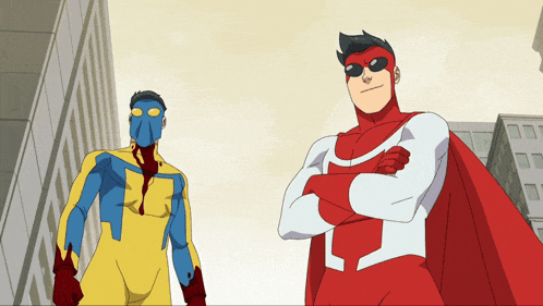 a cartoon of two superheros standing next to each other