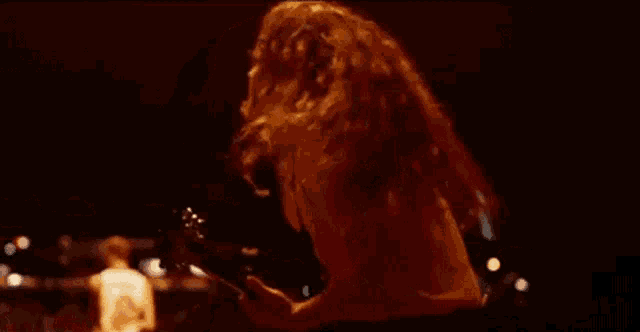 a man with long red hair is playing a guitar on a stage .