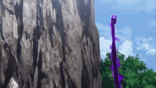 a purple dragon is standing in front of a large rock