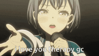 a girl singing into a microphone with the words i love you therapy gc below her