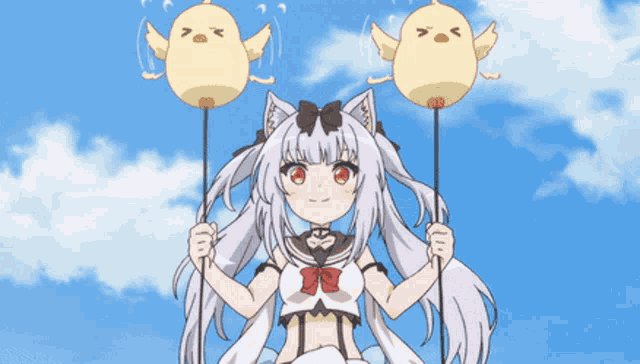a girl with a cat ear is holding two yellow balloons