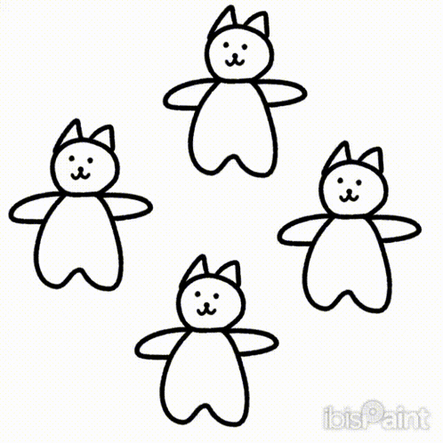 a black and white drawing of four cats with ibis paint written on the bottom