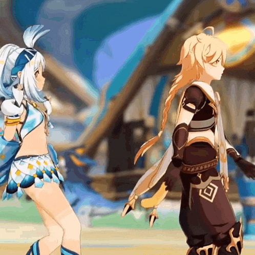 two anime characters are standing next to each other in a video game