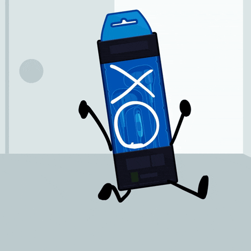 a cartoon character with arms and legs is standing next to a bottle that says xo