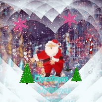 a christmas greeting card with santa claus and trees