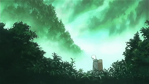 a man with a backpack is standing in the middle of a green forest .
