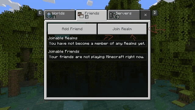 a screenshot of a minecraft game showing the options for joining realms