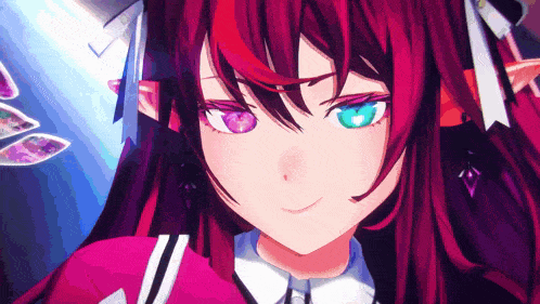 a close up of a red haired anime girl with green eyes