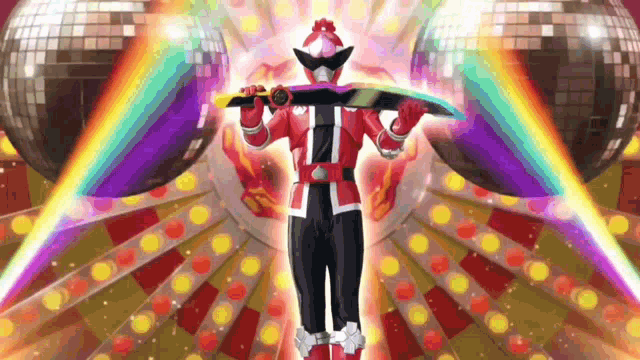 a cartoon character is holding a sword in front of a disco ball .