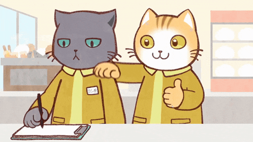 two cartoon cats are standing next to each other one has a name tag that says ' a ' on it