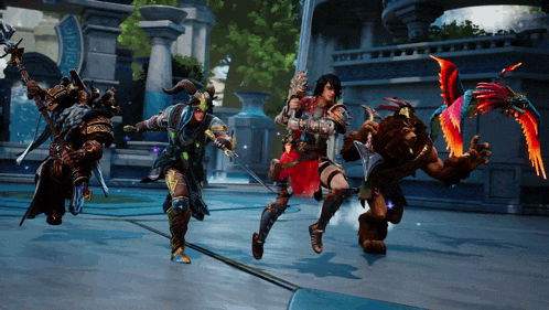 a group of warriors and monsters in a video game with a bird flying in the background