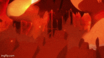 a cartoon character is standing in front of a fire and making a heart shape with his hands .