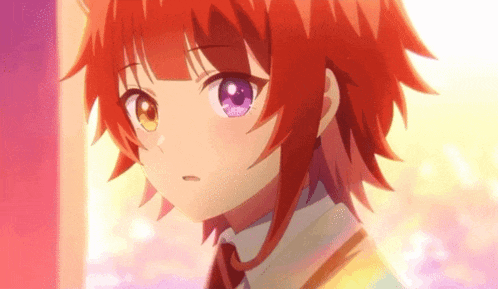 a close up of a red haired anime girl with purple eyes .