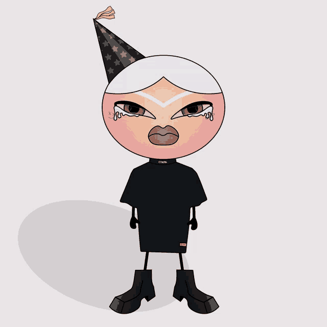 a cartoon character wearing a party hat and a black shirt that says chanel