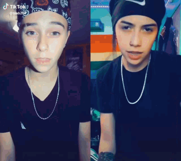 a boy wearing a headband and a necklace is standing next to another boy wearing a black shirt .