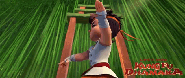 a poster for kung fu dramaka shows a cartoon character pointing