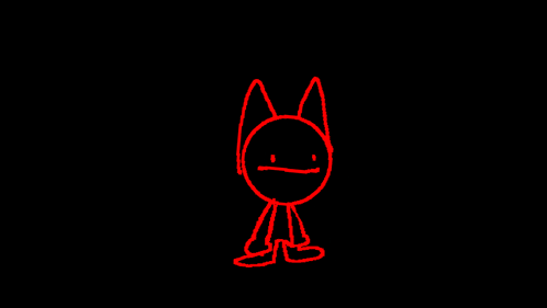 a red drawing of a cartoon character with a sad face on a black background