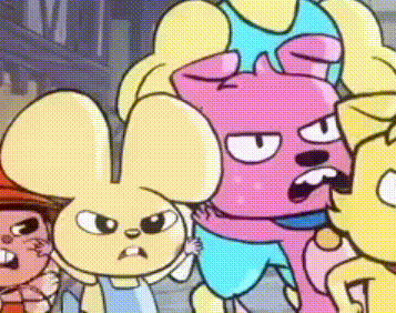 a group of cartoon characters are standing next to each other and looking at each other .