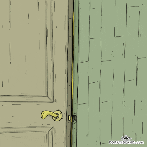 a cartoon drawing of a man peeking out of a door with the website forkyisland.com written below it