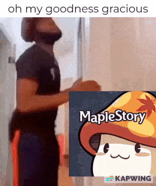 a man is standing in front of a maplestory sign