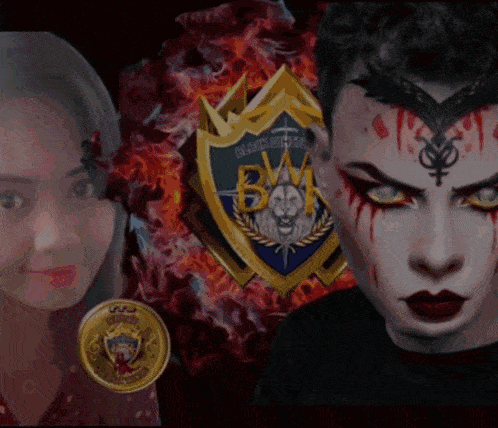 a blurry picture of a woman and a man with a shield that says ' siam ' on it