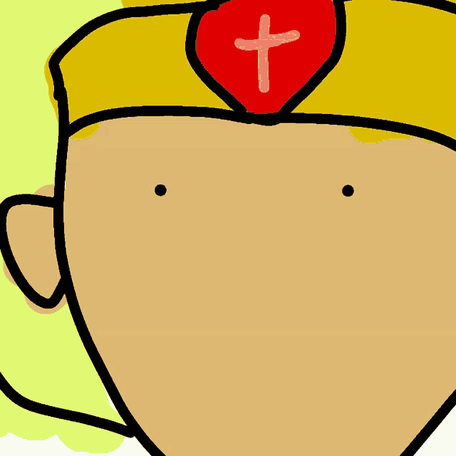 a cartoon drawing of a man wearing a yellow headband with a red heart with a cross on it