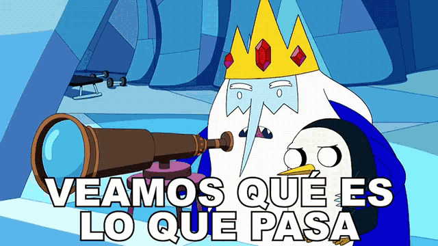 ice king looking through a telescope with the words veamos que es lo que pasa