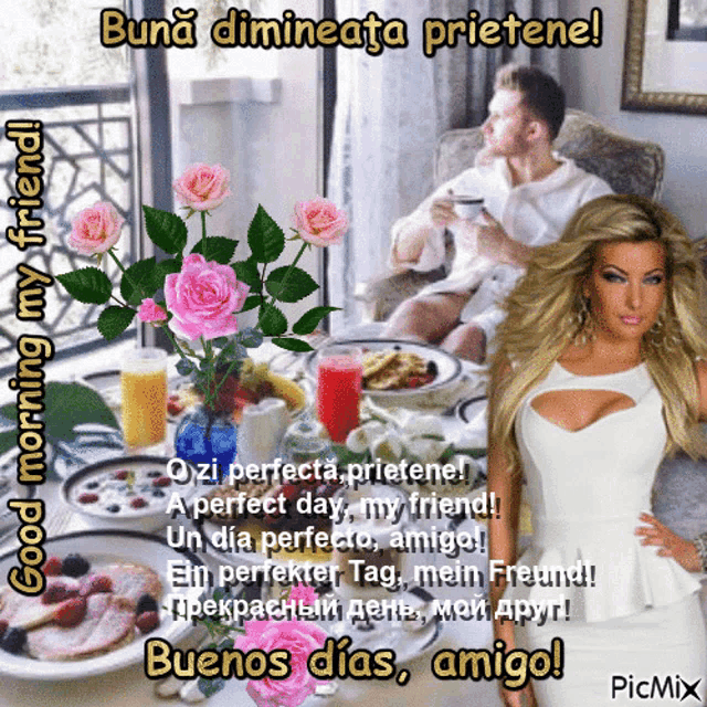 a woman in a white dress is standing in front of a table with food and flowers and the words buenos dias amigo