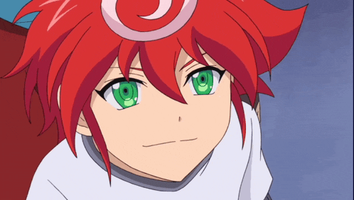 a cartoon character with red hair and green eyes has a circle on his head