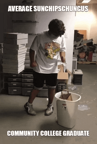 a man wearing a baltimore shirt is throwing something in a trash can