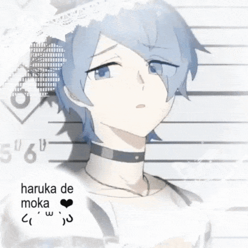 a drawing of a boy with blue hair and the words haruka de moka